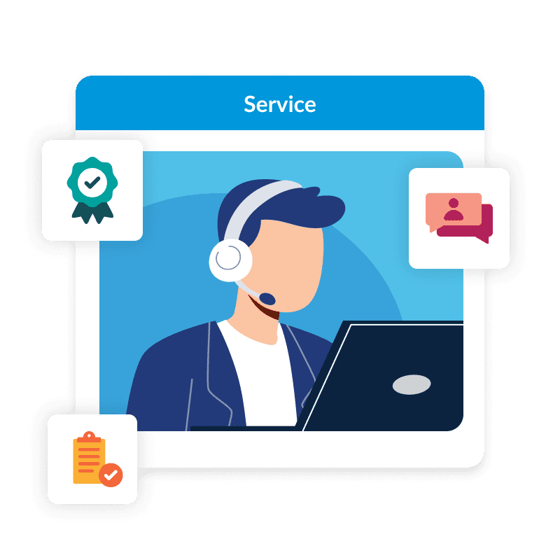 a man wearing headphones is sitting in front of a laptop with the word service above him