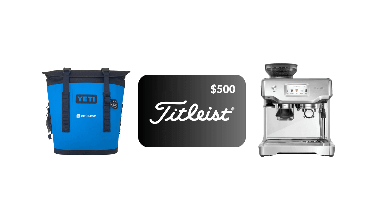 a blue yeti cooler sits next to a $ 500 titleist gift card